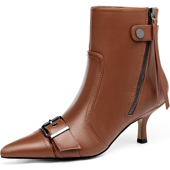 ⚡Women's Brown Kitten Heel Ankle Boots Pointed Toe Buckle Side Zipper Tassel - Picture 2 of 5
